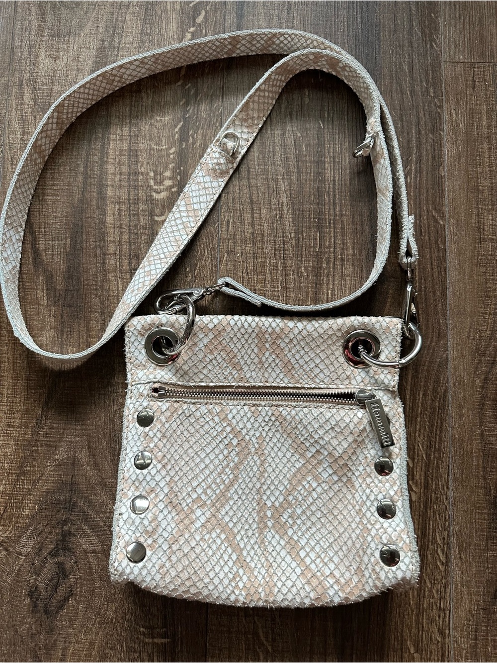 Hammitt Beige Snake-Embossed Crossbody with Silver Hardware